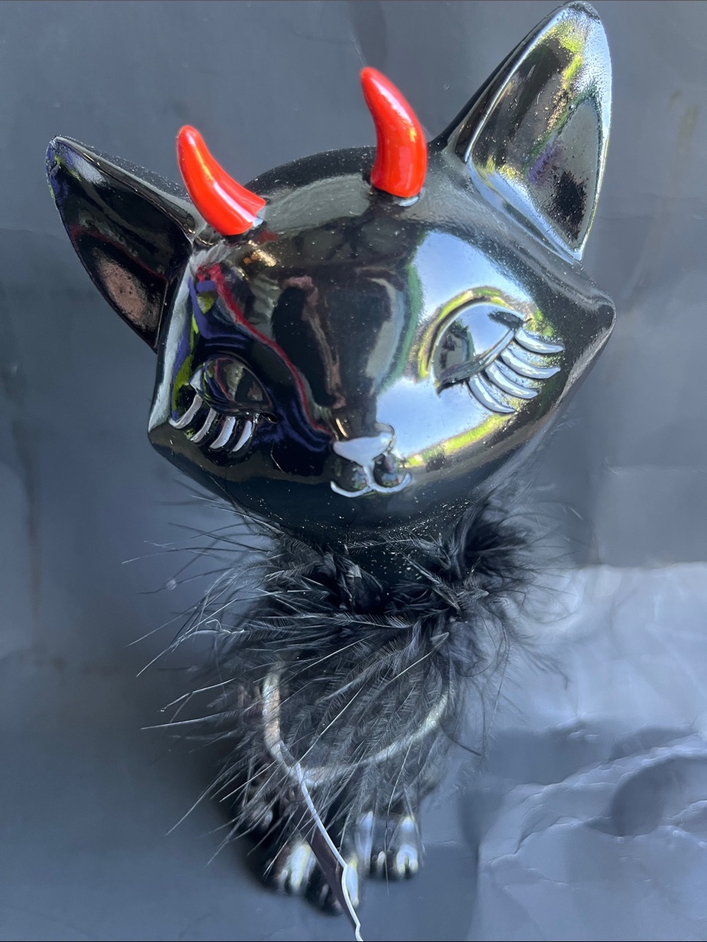 Black Decorative Cat Figurine with Feather Collar - Home Accent